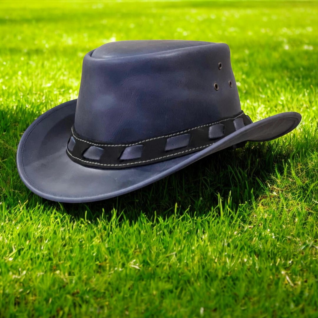 Leather Outback Hat, Genuine Cowhide, Dark Blue, Handmade  display picture 1