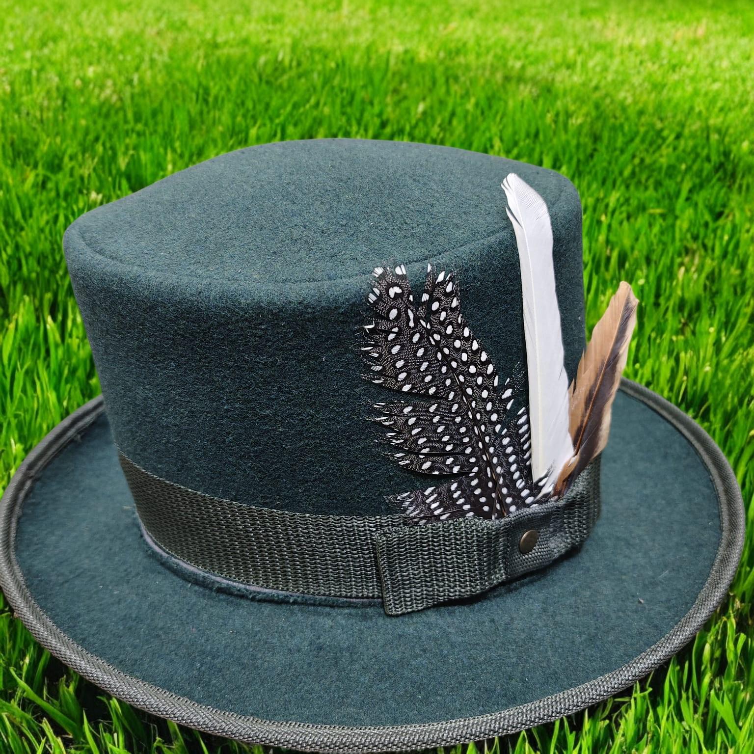 Wool Felt Top Hat, Handmade Dark Green Hat, Feather Accent  display picture 3