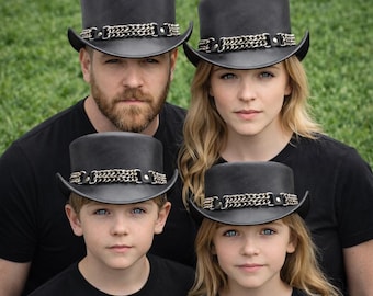 Schwarzer Leder Hut, Handgefertigt, Herren Steampunk Stil, Gothic Festival Kopfbedeckung