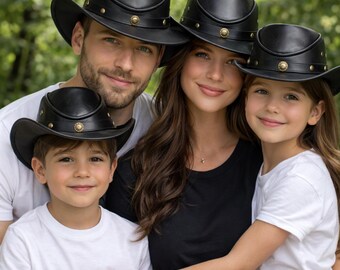 Handmade Leather Cowboy Hat, Genuine Black Cowhide, Classic Western Outback Style