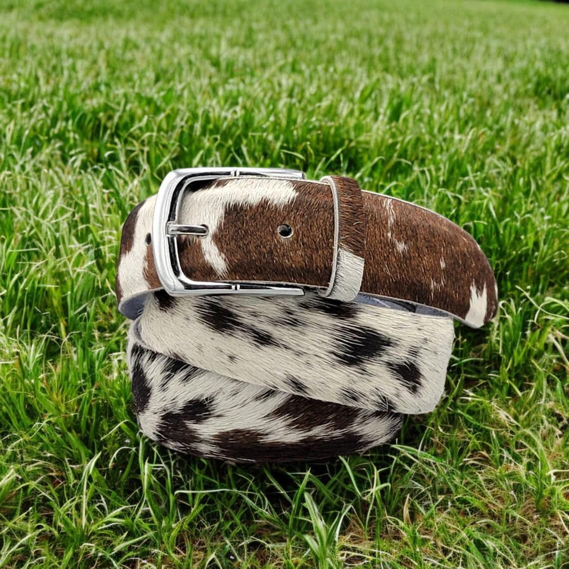 Handmade Cowhide Leather Belt, Pony Skin Hair, Brown White Pattern