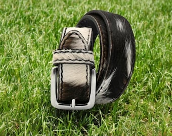 Handgefertigter Ledergürtel aus Rindleder, Ponyfell, braun schwarz weiß, Western Western Style