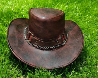 Genuine Leather Brown Distressed Hat All Sizes (S to 2XL 