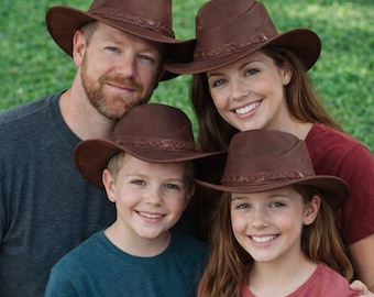 Cappello Outback in pelle marrone, cappello da cowboy fatto a mano con fascia, stile a tesa larga