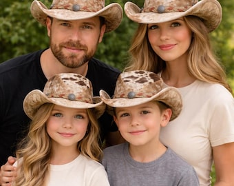 Handmade Cowhide Leather Hat, Hair On Hide, Brown White Spotted Color, Western Cowboy Style