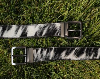 Handmade cowhide leather belt, pony skin hair, black white pattern, durable western style