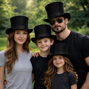 Könnte beinhalten: Eine vierköpfige Familie trägt schwarze Zylinderhüte. Die Hüte haben eine hohe, zylindrische Krone und eine breite Krempe. Die Familie lächelt und posiert für ein Foto im Freien. Die Hüte sind ein klassisches Accessoire.