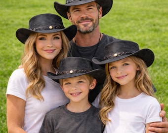 Genuine Cowhide, Black Color, Western Outback Style,Handmade Leather Cowboy Hat