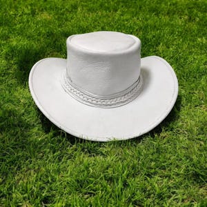 Handmade White Leather Cowboy Hat, Braided Band Outback Western Style, Festival Rustic Wear