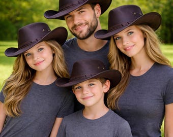 Dark Brown Leather Outback Hat, Handmade Cowboy Western Hat with Stitched Band Style