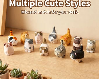 Handcrafted Wooden Cat Statue, Cute Cat Figurine Decor, Artisan Wood Carving, Cat Lover Keepsake, Desk Shelf Decor
