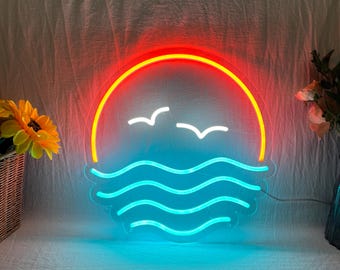Letrero de neón con olas de mar al atardecer, luz LED de neón personalizada con olas de sol y amanecer, decoración de pared para casa, sala de estar, bar de playa, casa de playa, fiesta de verano