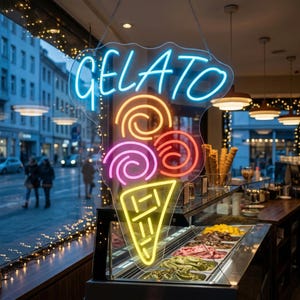 Op de afbeelding: Een neonbord in de vorm van een ijshoorntje met het woord "GELATO" in helderblauw. De kegel heeft wervelingen van oranje, roze en rood, met een gele kegel. Het bord hangt voor een ijsshowcase.