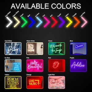 May include: A display of neon signs in various colors, including cool white, warm white, green, blue, ice blue, pink, red, purple, yellow, orange, and light pink. Each color is represented by an arrow and a sample sign with text.