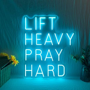 Lift Heavy Pray Hard Neon Sign,Custom Home Gym LED Neon Light,Motivational Gym Quote Workout Wall Decor,Jesus Lover Sign,Christian Gym Decor Ice Blue