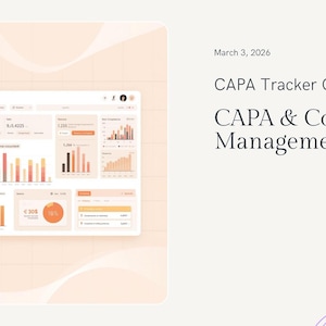 Può includere: Uno schermo di computer mostra una panoramica del CAPA Tracker, un sistema di gestione CAPA e conformità. Lo schermo mostra grafici e diagrammi con visualizzazioni di dati in arancione e bianco. La data 3 marzo 2026 è visualizzata in alto.
