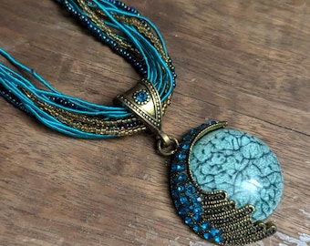 Vintage Blue and Gold Moon Necklace