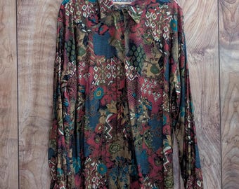 Vintage 90s Autumnal Mixed Print Rayon Blouse / Large 12 14