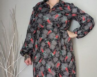 Vintage 1970s Handmade Black and Red Floral Collared Belted Dress / Medium Large