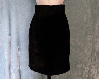 Vintage 80s 90s Black Suede Leather Midi Skirt by G-III // Medium 28" Waist