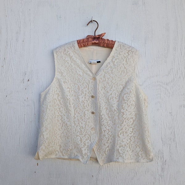 Vintage 80s 90s Cream Floral Romantic Lace Vest By Stephanie Andrews Sport // Size 14 Large