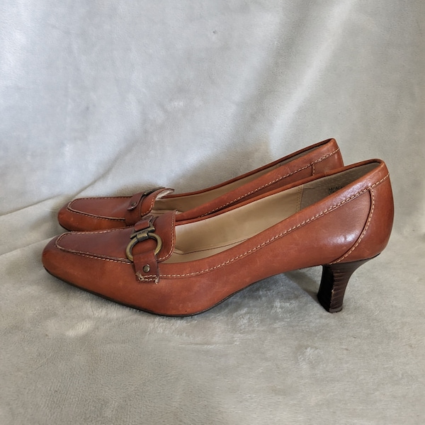 Vintage Y2k Anne Klein Square Toe Brown Leather Buckle Heel / 7.5 M