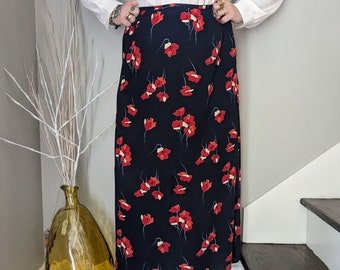 Vintage 90s 00s Red Poppy Print Navy Blue Maxi Skirt by Lizsport Liz Claiborne / L XL 16