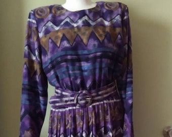 Vintage Southwest Purple Maxi Belted Dress Pleated 80s 90s does 50s by Terri Ellen // Sie 12 Large