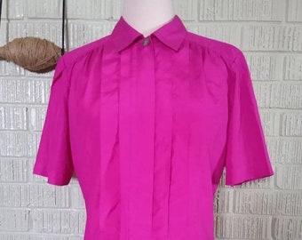 Vintage 80s Does 40s Rasberry Pink Blouse Button Librarian Shirt by Counterparts Petites 10