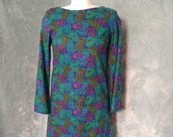 Vintage 60s 70s Peacock Dress with Long Sleeves in Blue and Green Handmade Vintage // Small Medium