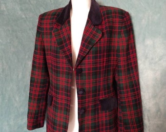 Vintage 80s 90s Red Plaid Wool Blend Jacket With Cotton Velvet Collar by Norton McNaughton // Medium Large