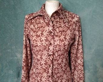 Vintage 60s 70s Cocoa Polyester Shirt in Abstract Floral Print by Act III // Medium