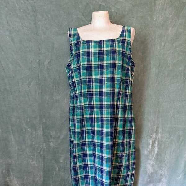 Vintage 90s Ocean Plaid Linen Cotton Blend Sleeveless Preppy Dress by Sag Harbor / Large 14