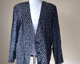 Vintage 90s Black Casual Slouchy Button Blazer Jacket with Leaf Print by Melrose XL 14