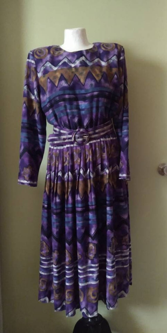 Vintage Southwest Purple Maxi Belted Dress Pleated