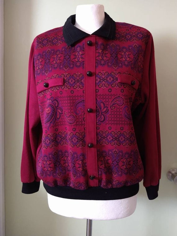 Vintage 90s Collared Berry Knit Paisley Top with D