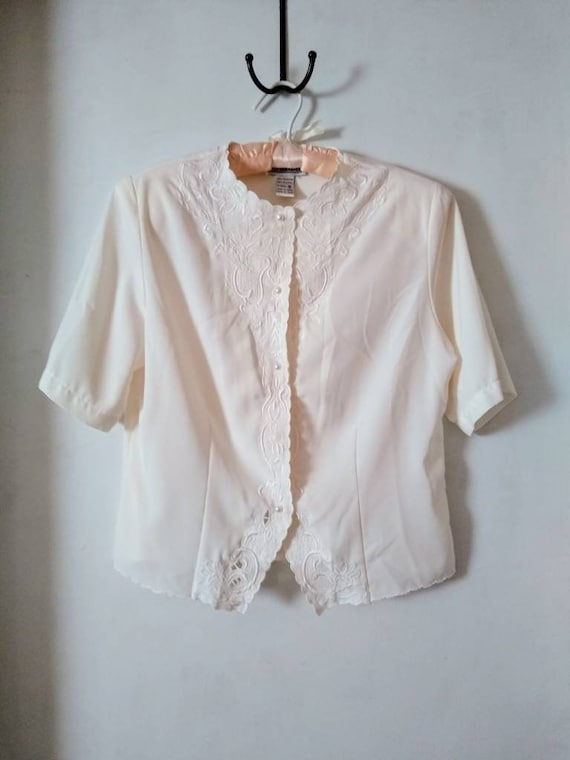 Vintage Ivory Embroidered Cutout Blouse // 80s Do… - image 1