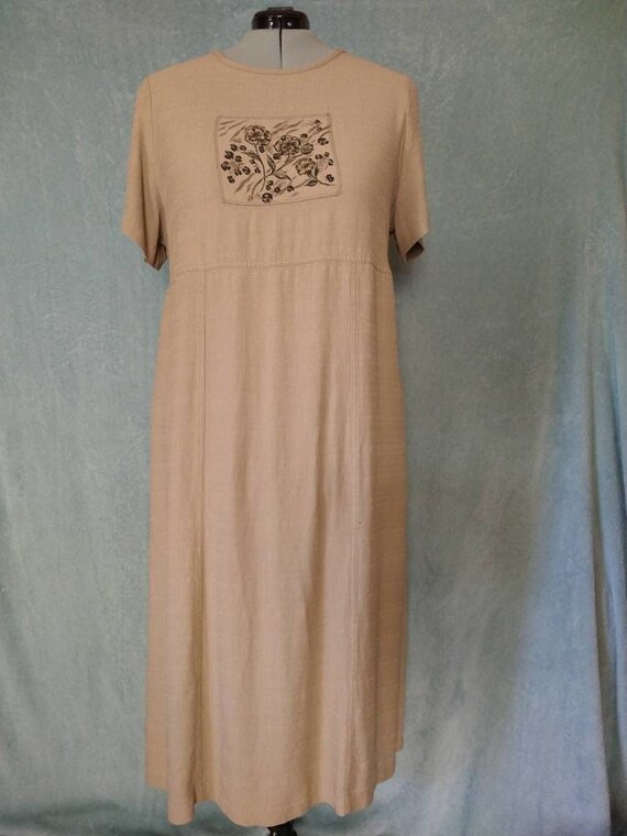 Vintage 90s Beige Block Print Flower Patch Maxi Dr