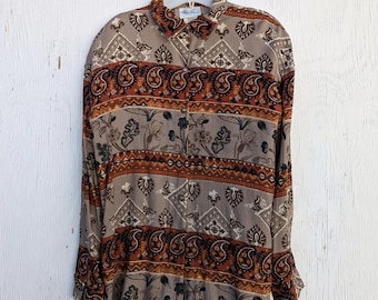 Vintage 90s Earth Tone Paisley Stripe Rayon Blouse by Kathie Lee / Large 14