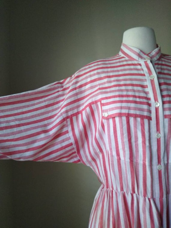 Vintage Red and White Striped Button Dress // 80s… - image 4