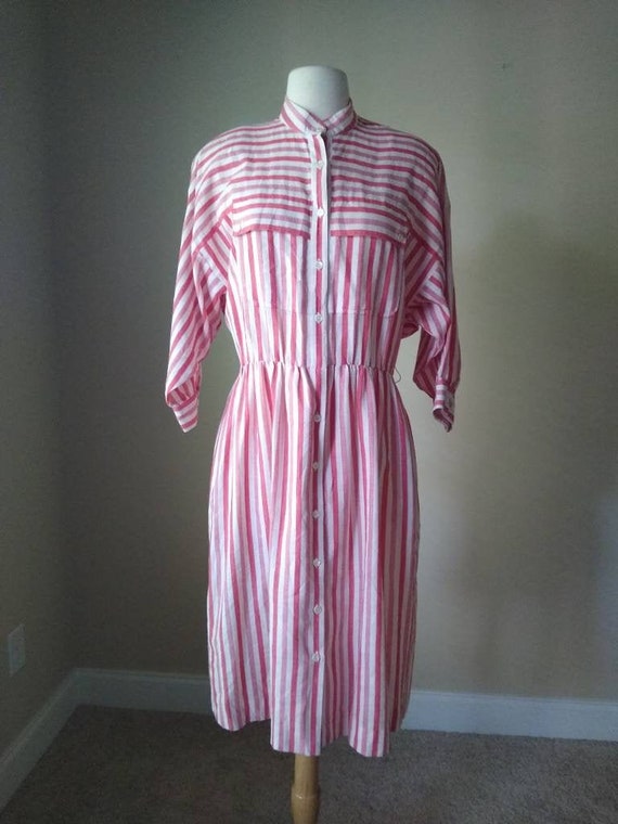 Vintage Red and White Striped Button Dress // 80s… - image 1