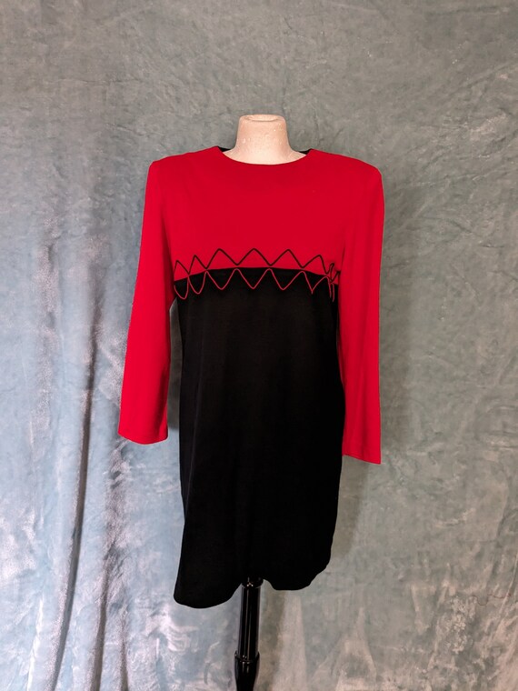 Vintage 80s 90s Red Black Dress Long Sleeve with … - image 1
