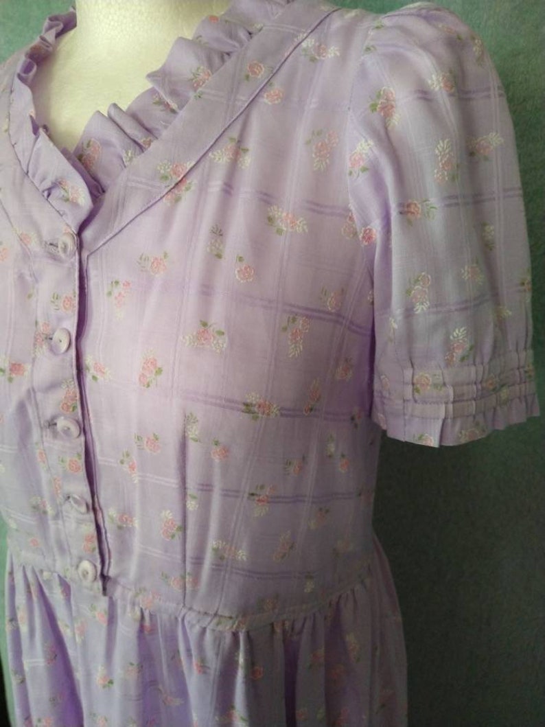 Vintage Lilac 70s Pink Rose Print Sweet Handmade Dress // Medium Large image 2