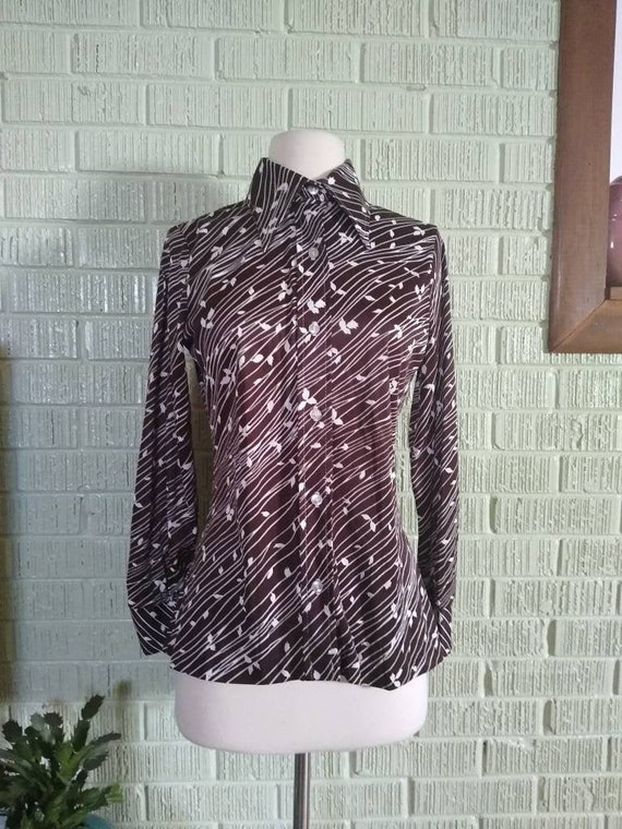 Vintage 1970s Wood Grain Button Blouse by Alfred … - image 1