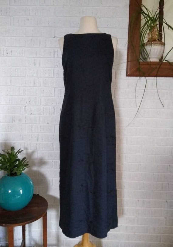 Vintage 90s Linen Blend Black Maxi Dress // Sleev… - image 1