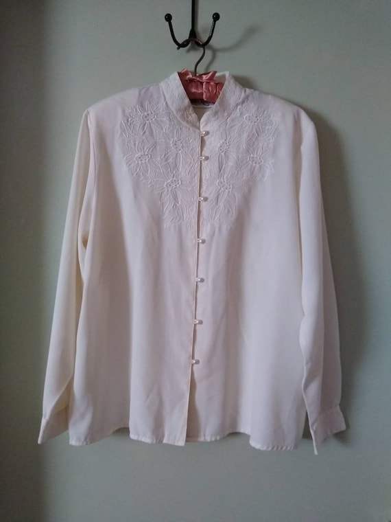 Vintage 1980s Embroidered Beaded Ivory Blouse by … - image 1