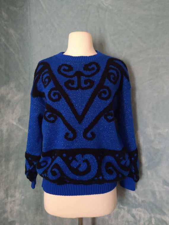 Vintage 1980s Metallic Lurex Knit Blue and Black … - image 1