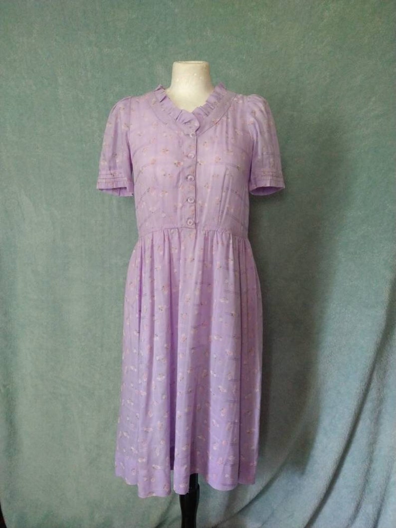 Vintage Lilac 70s Pink Rose Print Sweet Handmade Dress // Medium Large image 1
