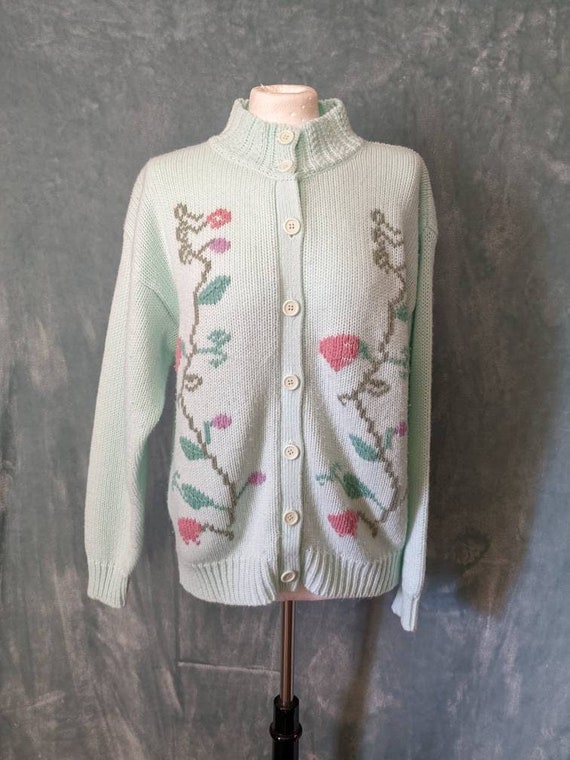 Vintage 80s 90s Pastel Floral Chunky Cardigan Ove… - image 1