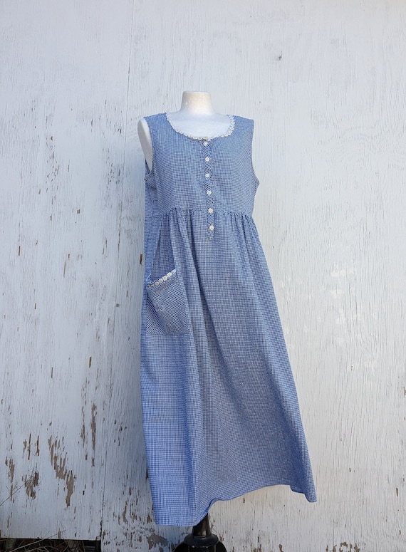 Vintage Daisy Blue Gingham Print Sleeveless Dress 